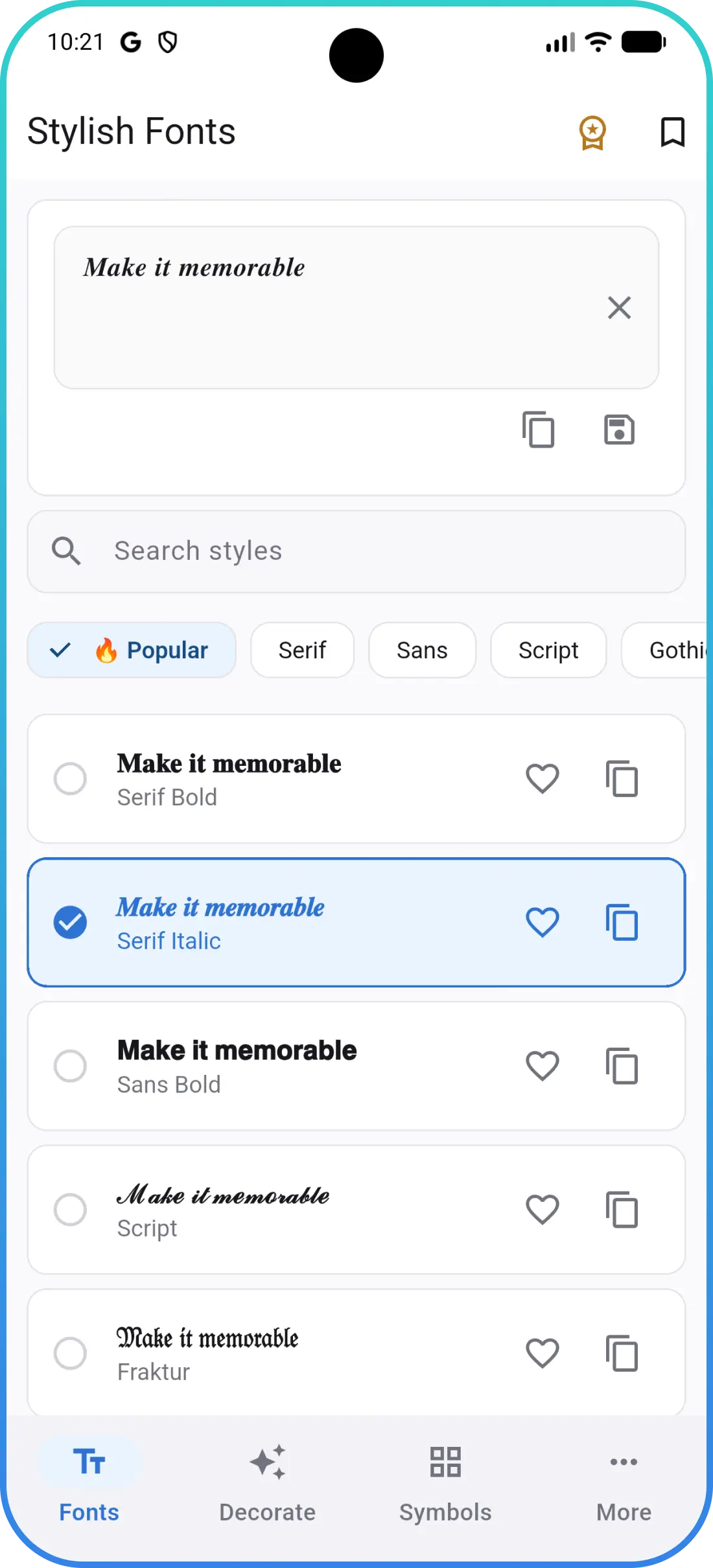 Fonts screen in Stylish Fonts
