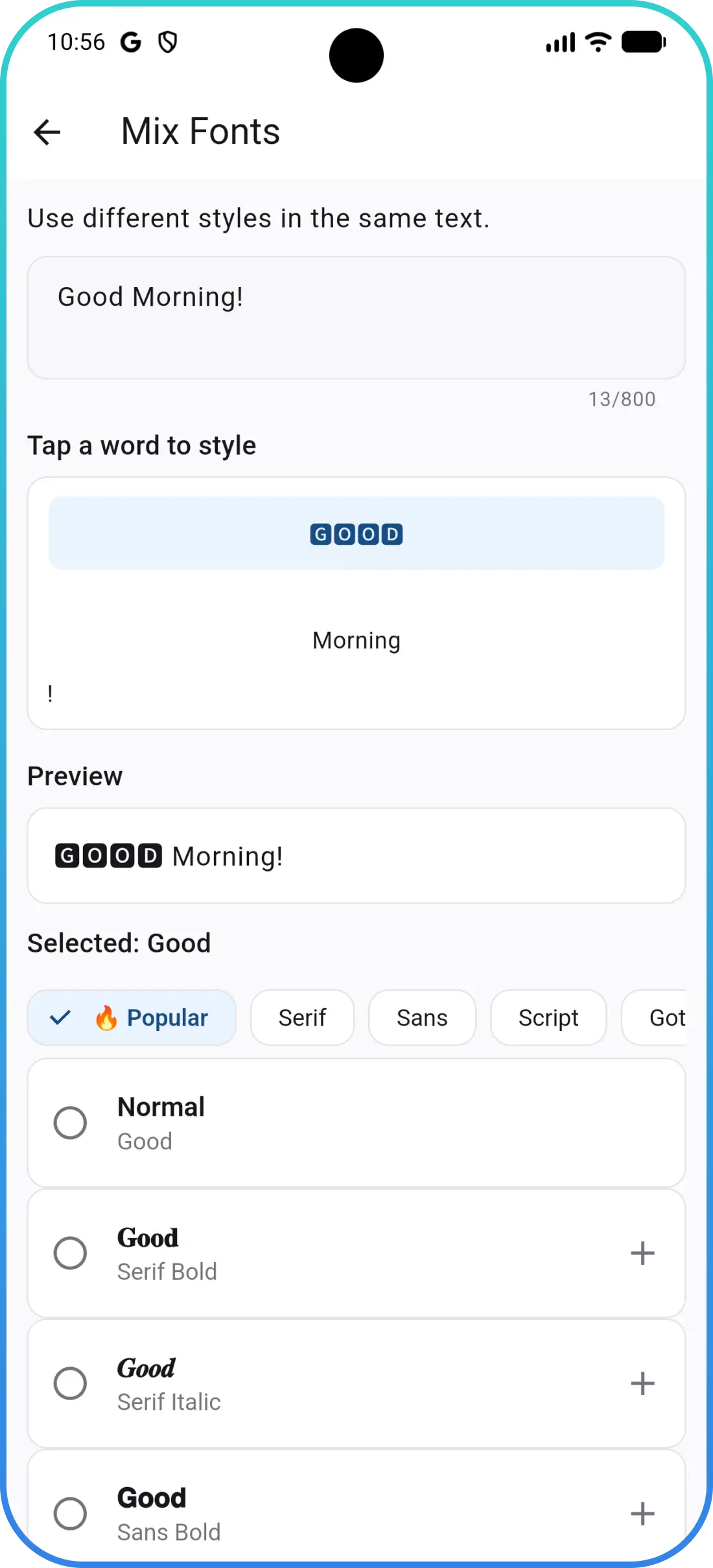 Mix Fonts screen in Stylish Fonts