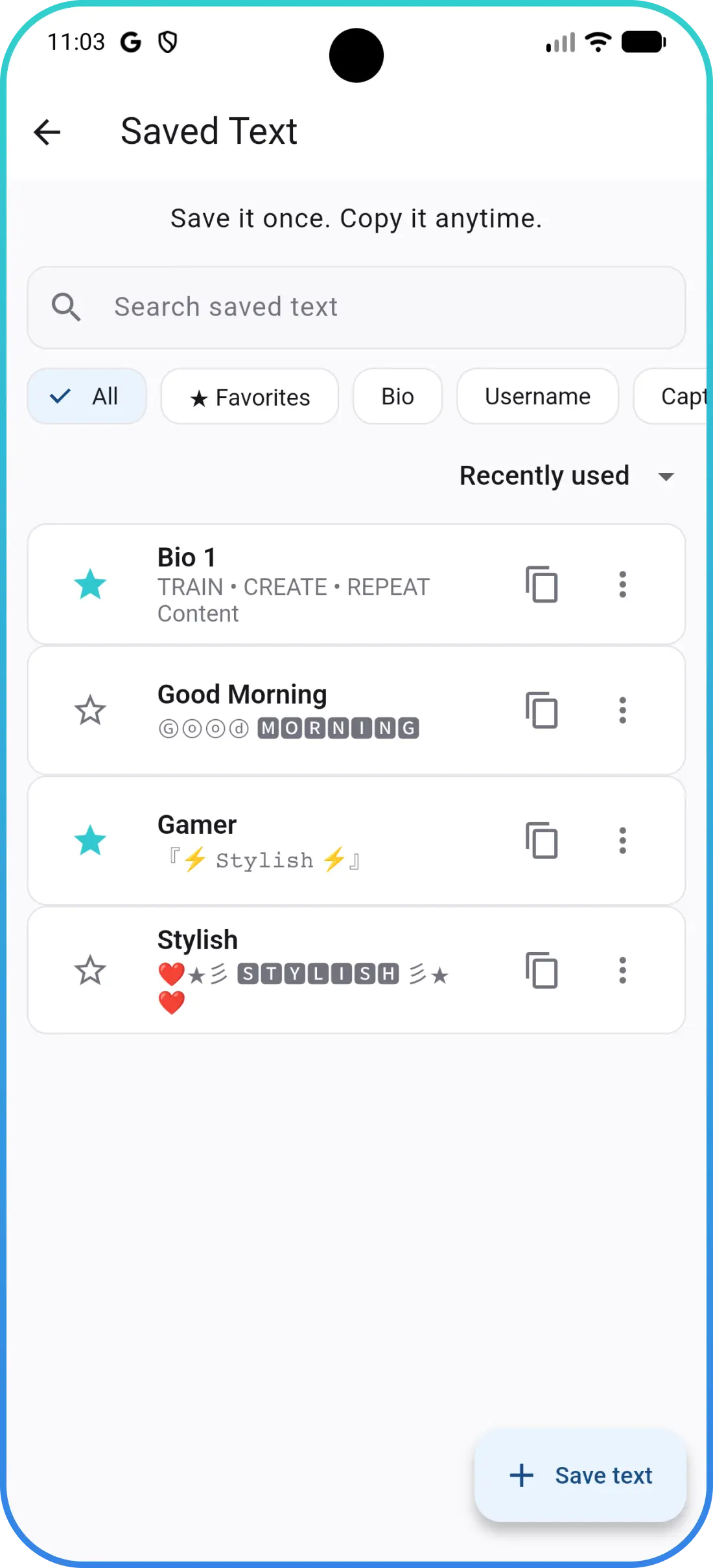Saved Text screen in Stylish Fonts