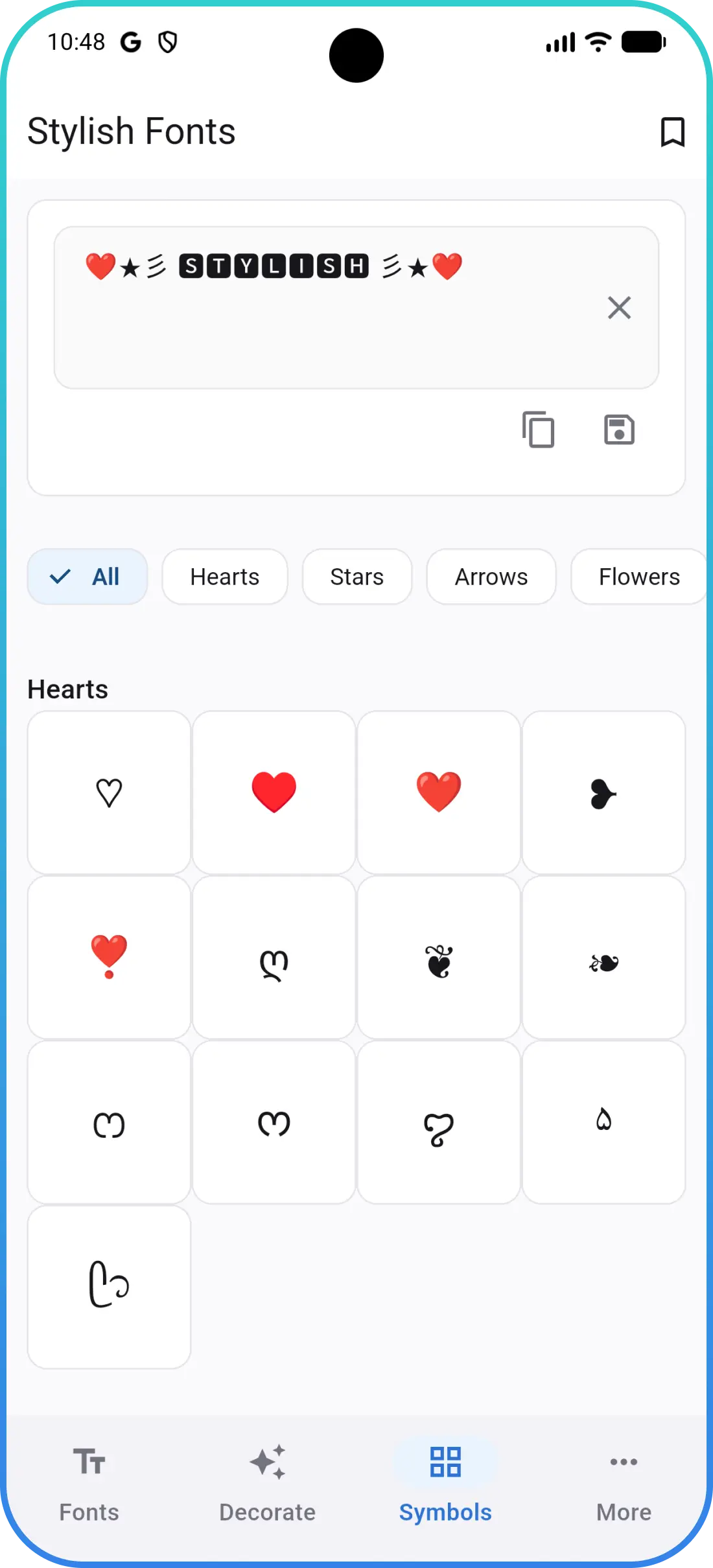 Symbols screen in Stylish Fonts