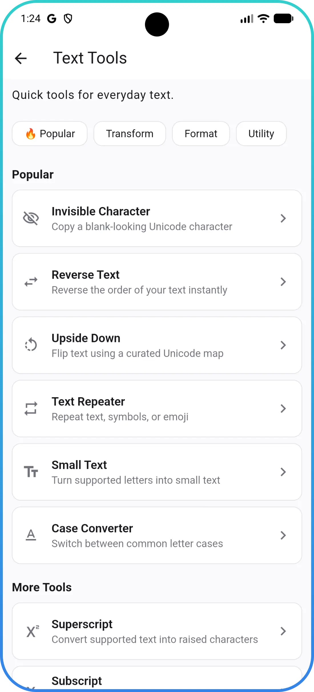 Text Tools screen in Stylish Fonts